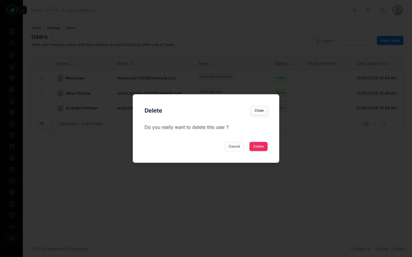 The window asking whether to delete the user, with Cancel and Delete