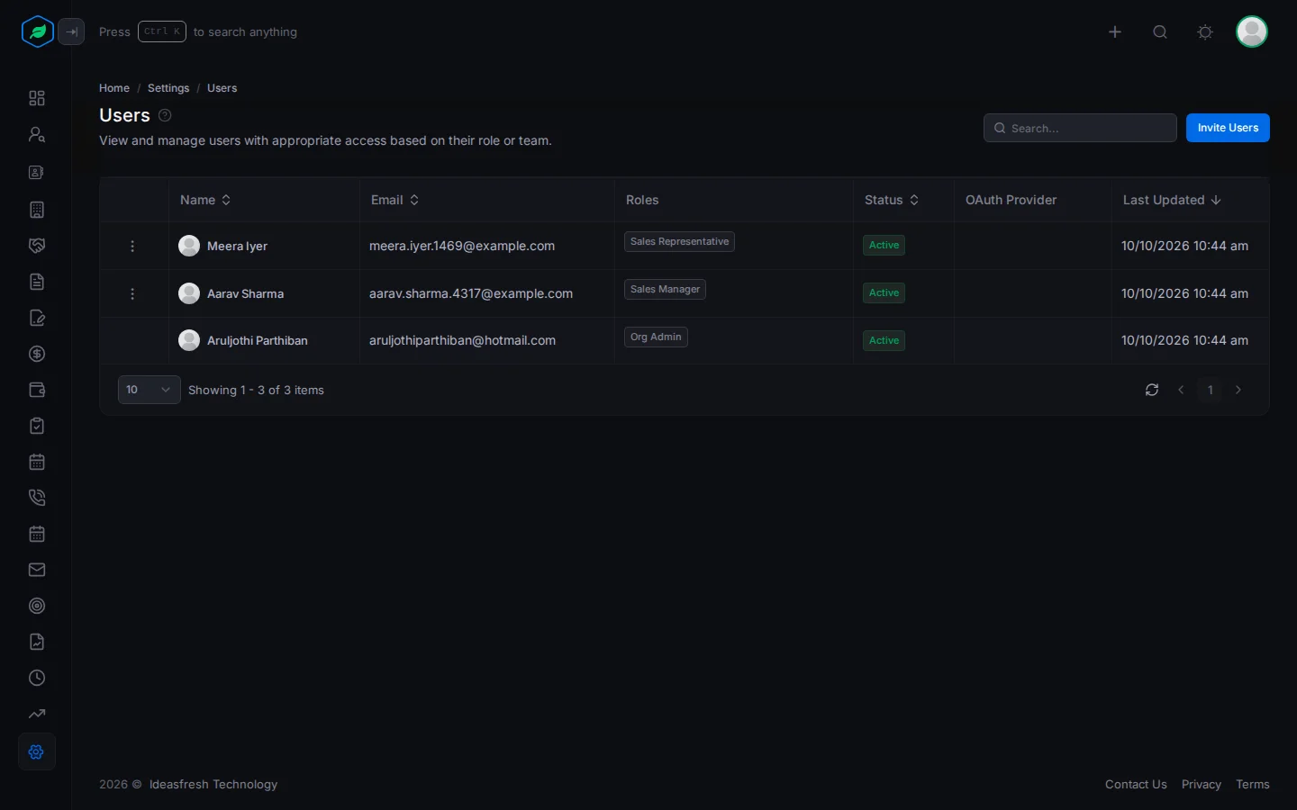 The Users page with each person's email, roles and status