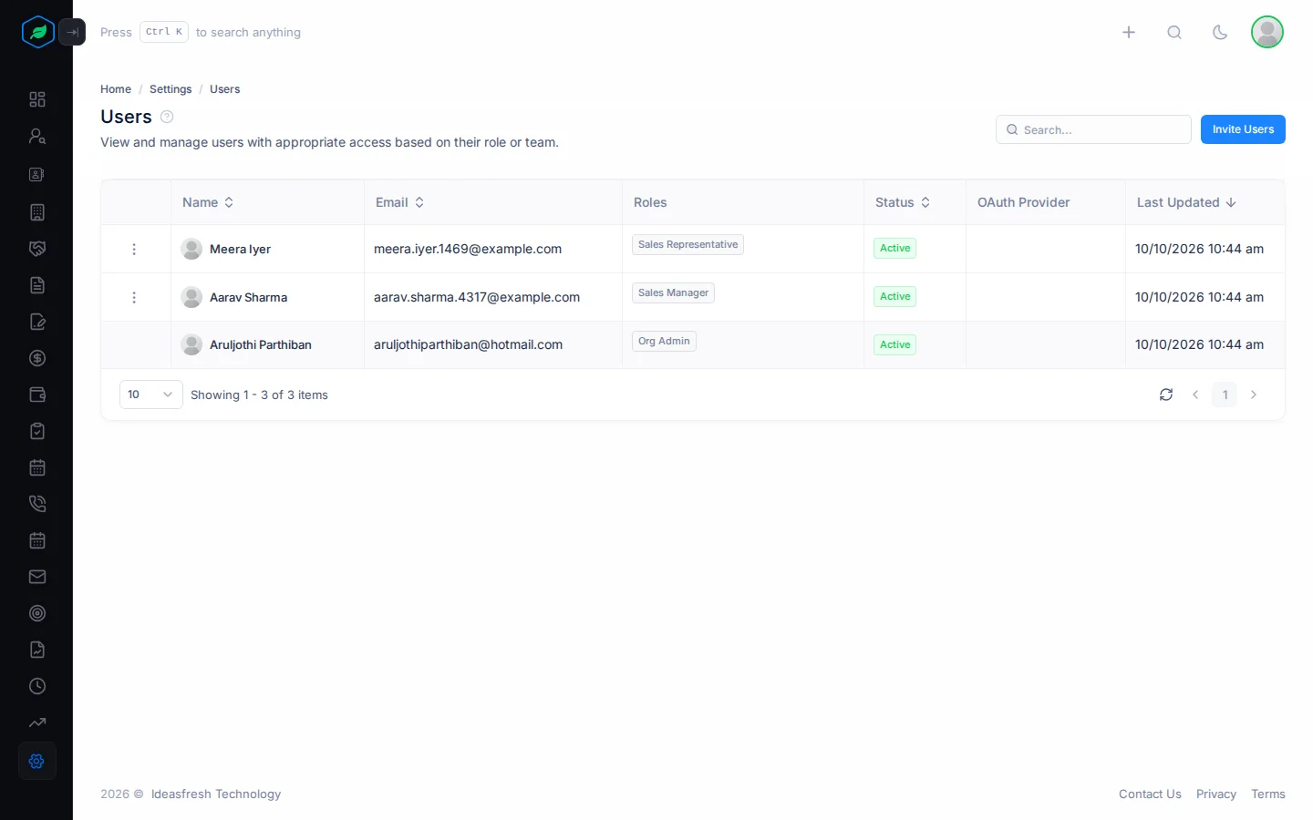 The Users page with each person's email, roles and status