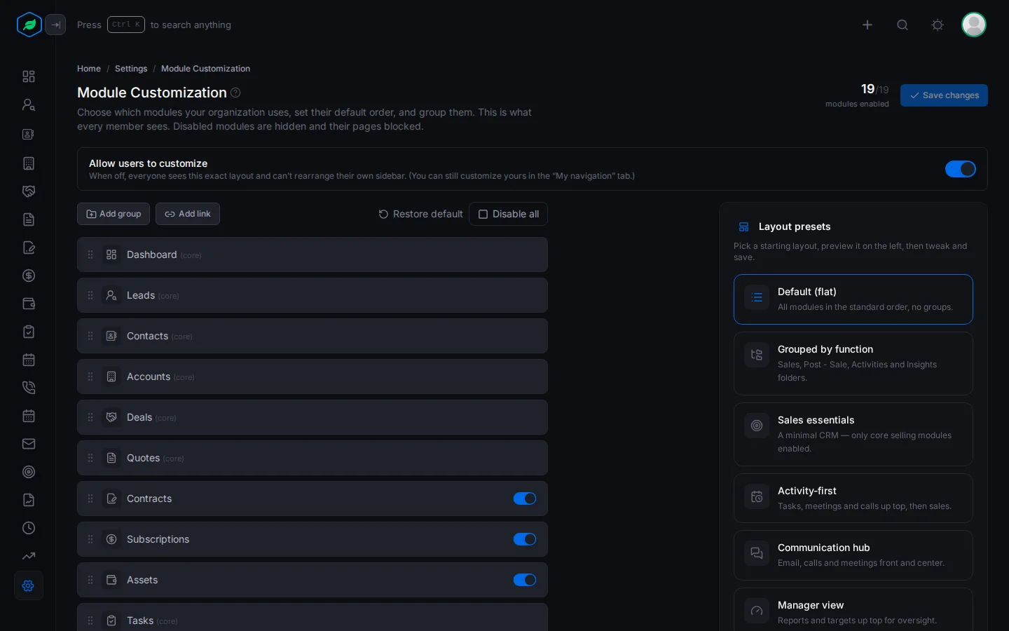 The Module Customization page with the module list, the Allow users to customize switch and the layout presets