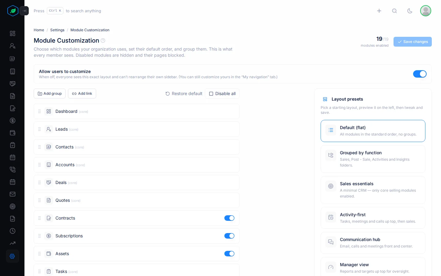 The Module Customization page with the module list, the Allow users to customize switch and the layout presets