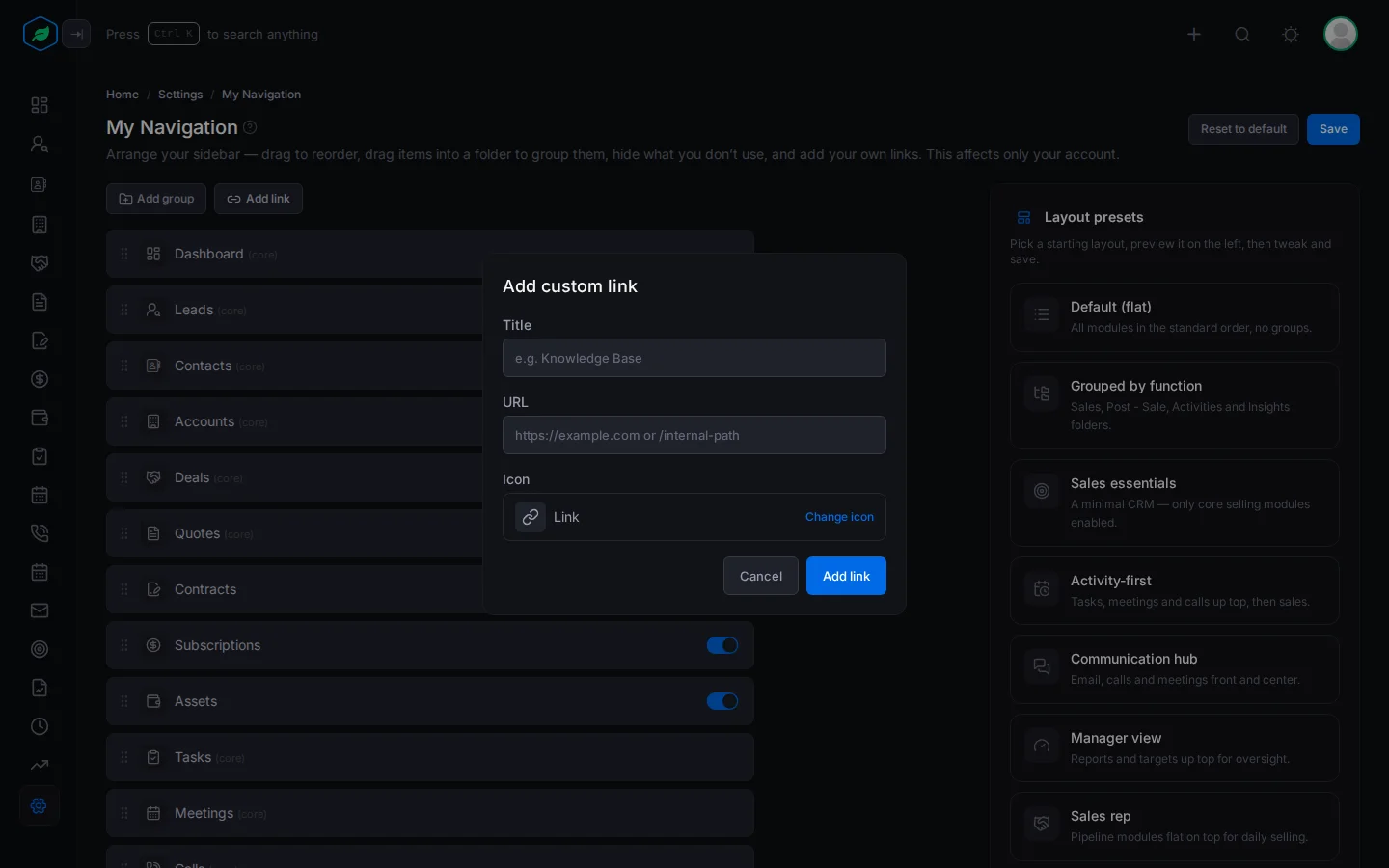 The Add custom link window with Title, URL and Icon