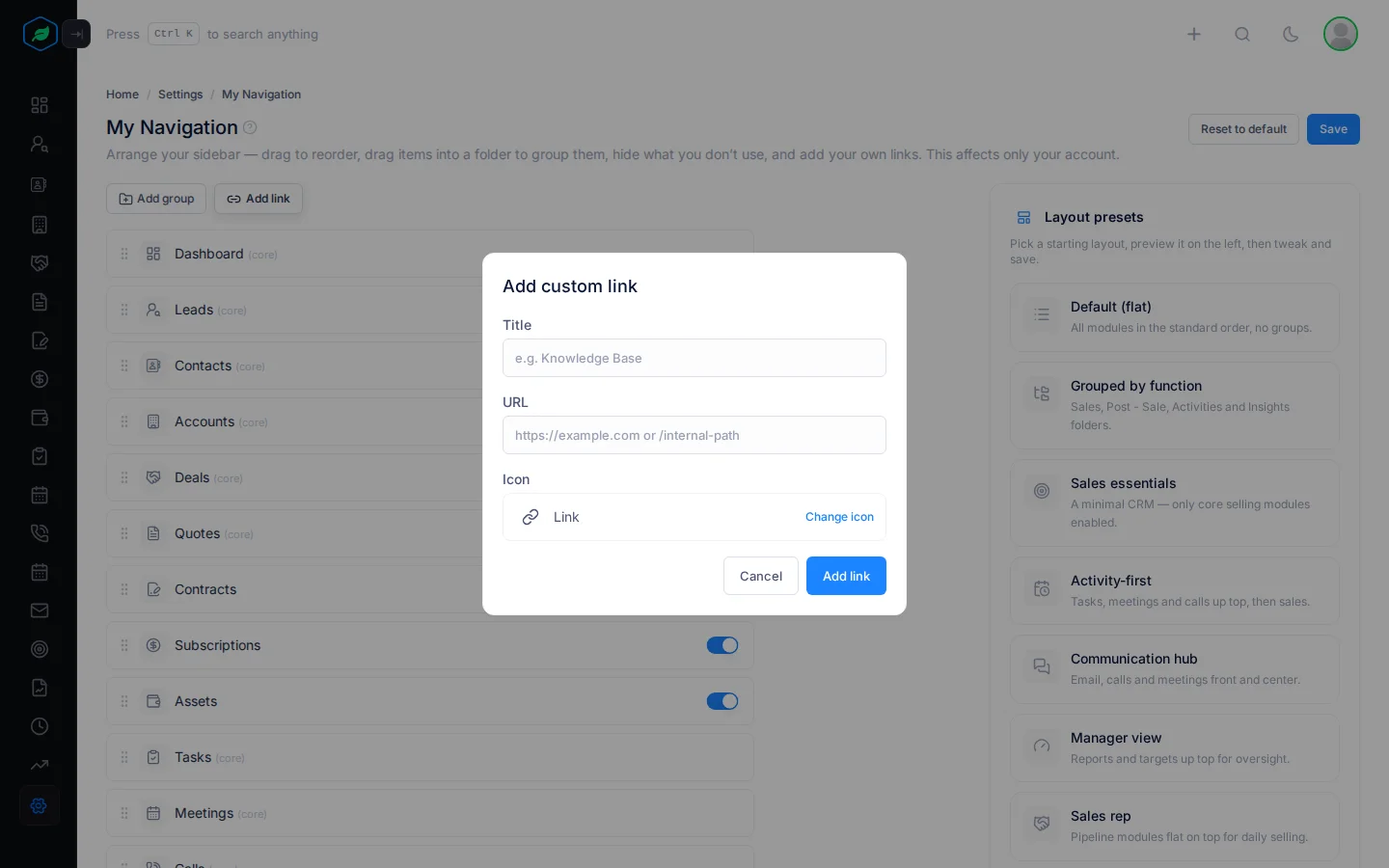 The Add custom link window with Title, URL and Icon