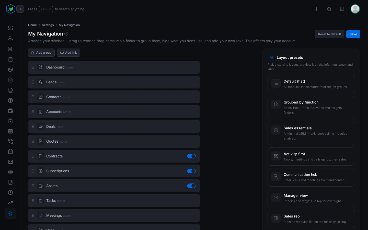 The My Navigation page with the sidebar editor and the layout presets