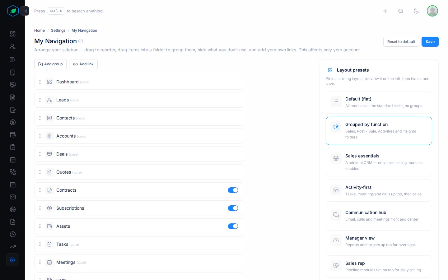 The My Navigation page with the sidebar editor and the layout presets