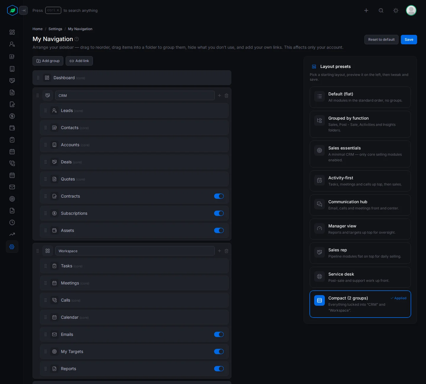 The editor with Compact (2 groups) applied, showing the CRM and Workspace folders