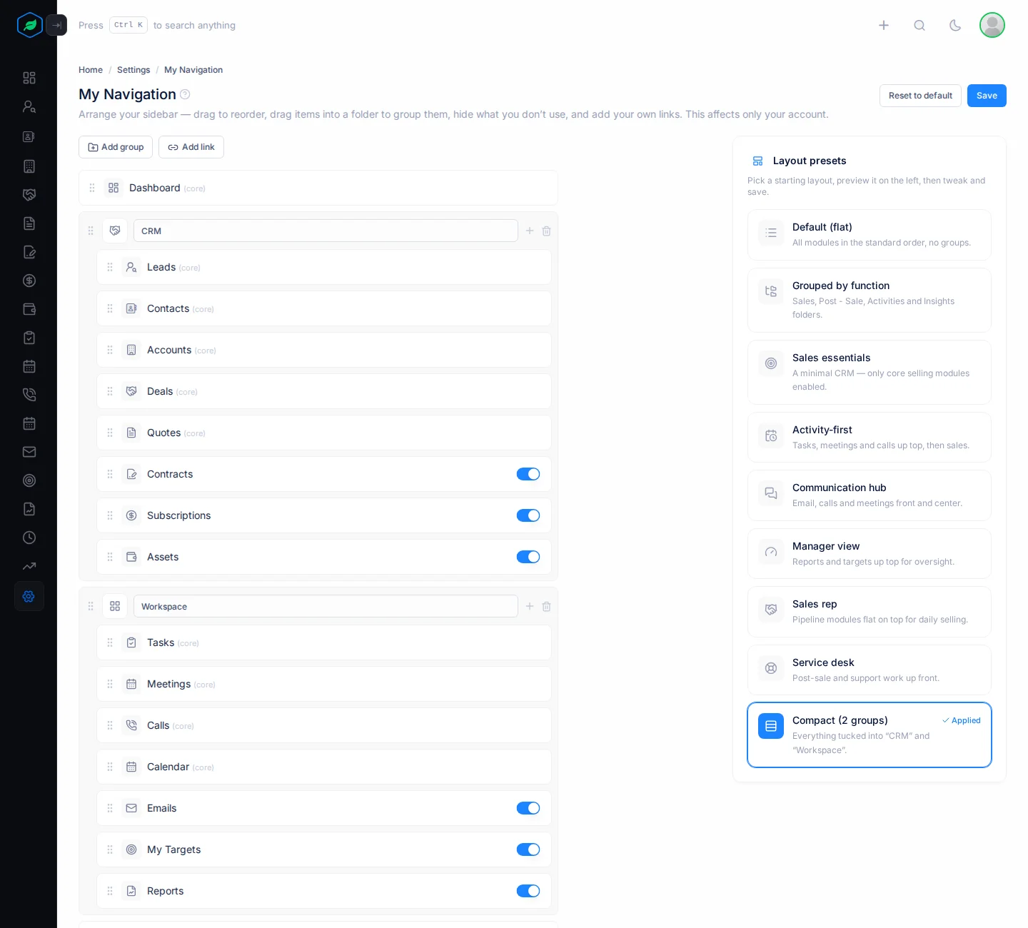The editor with Compact (2 groups) applied, showing the CRM and Workspace folders