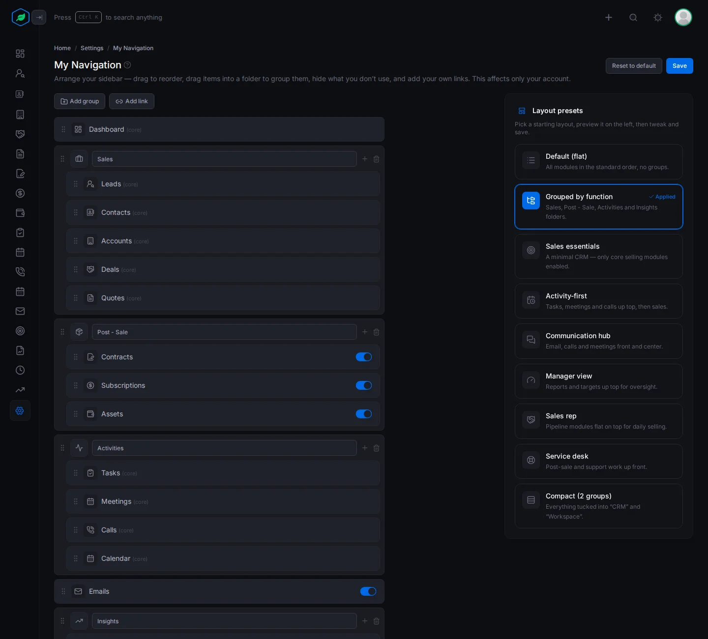 The editor with Grouped by function applied, showing the Sales, Post - Sale and Activities folders