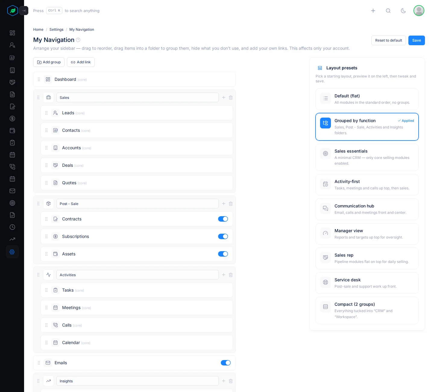 The editor with Grouped by function applied, showing the Sales, Post - Sale and Activities folders