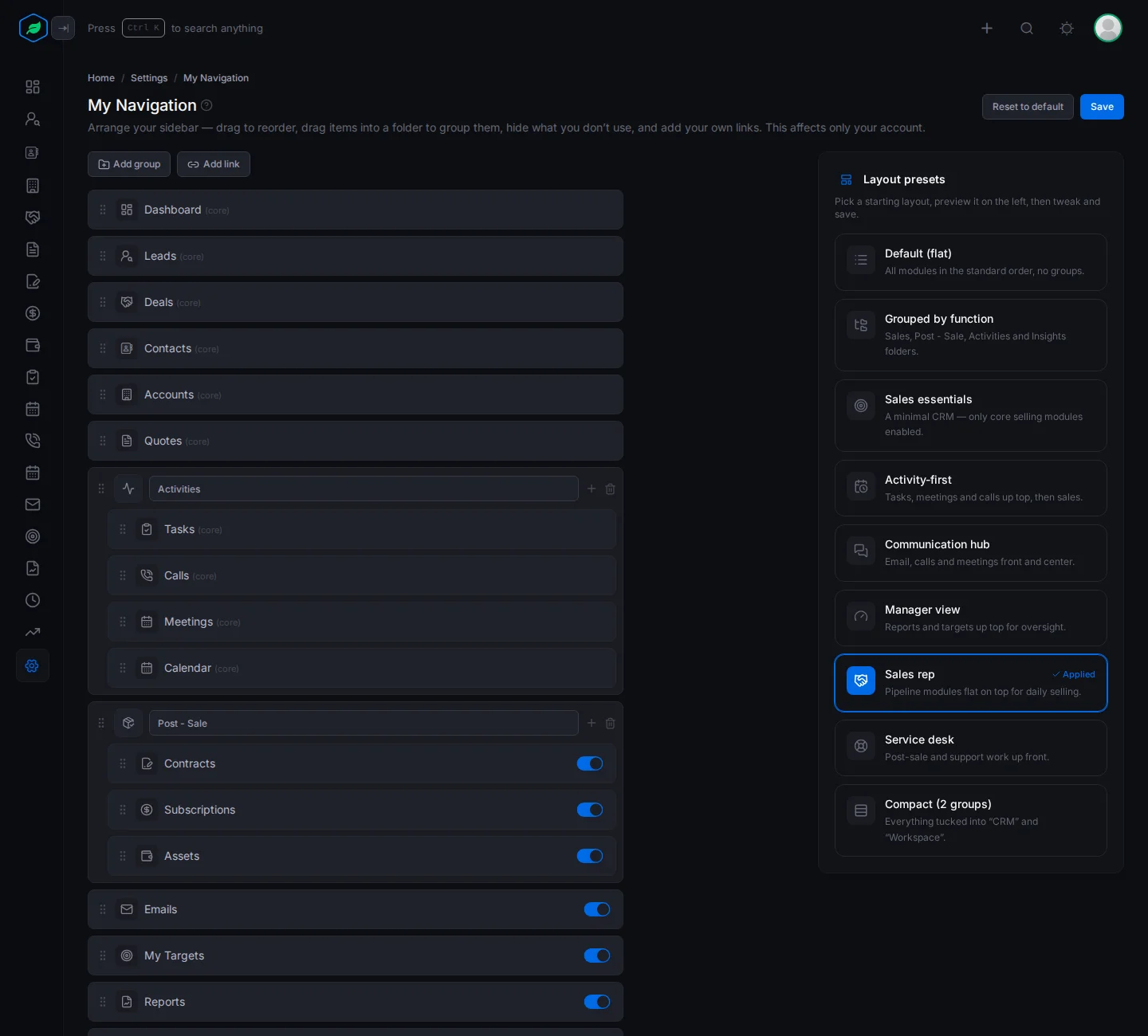 The editor with Sales rep applied, showing the selling modules at the top and the Activities and Post - Sale folders below