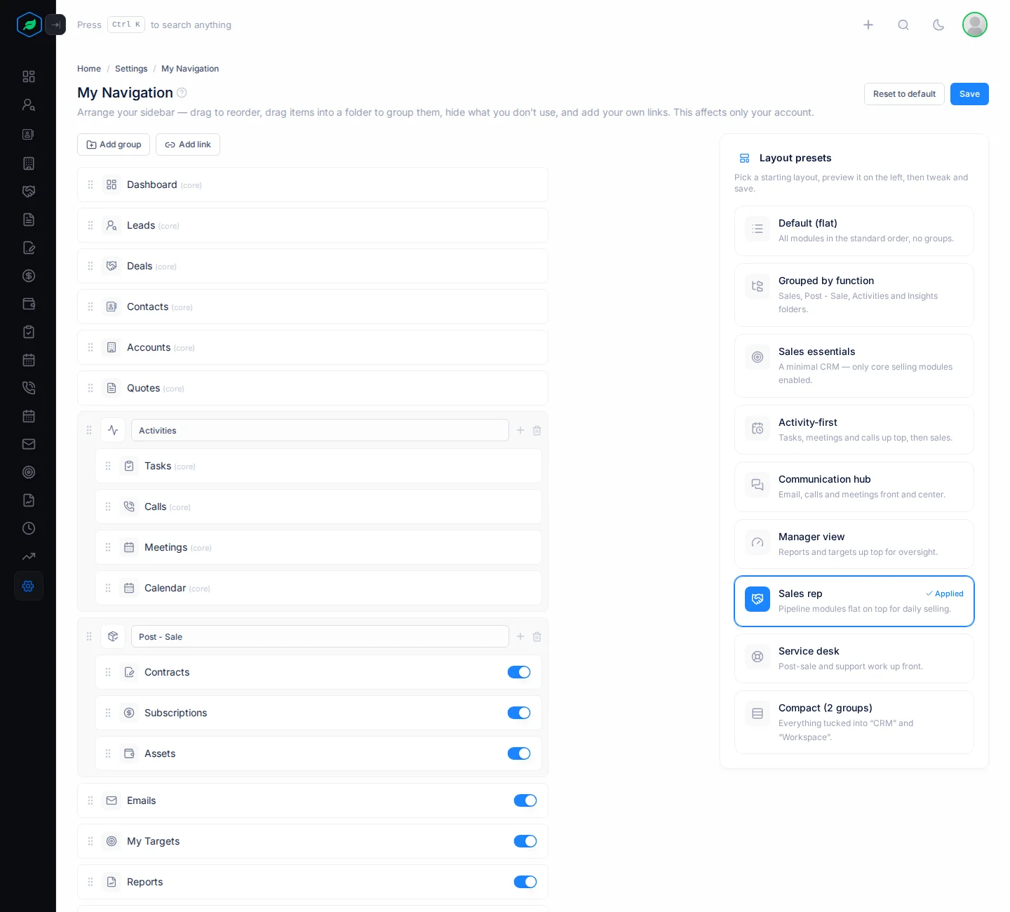 The editor with Sales rep applied, showing the selling modules at the top and the Activities and Post - Sale folders below