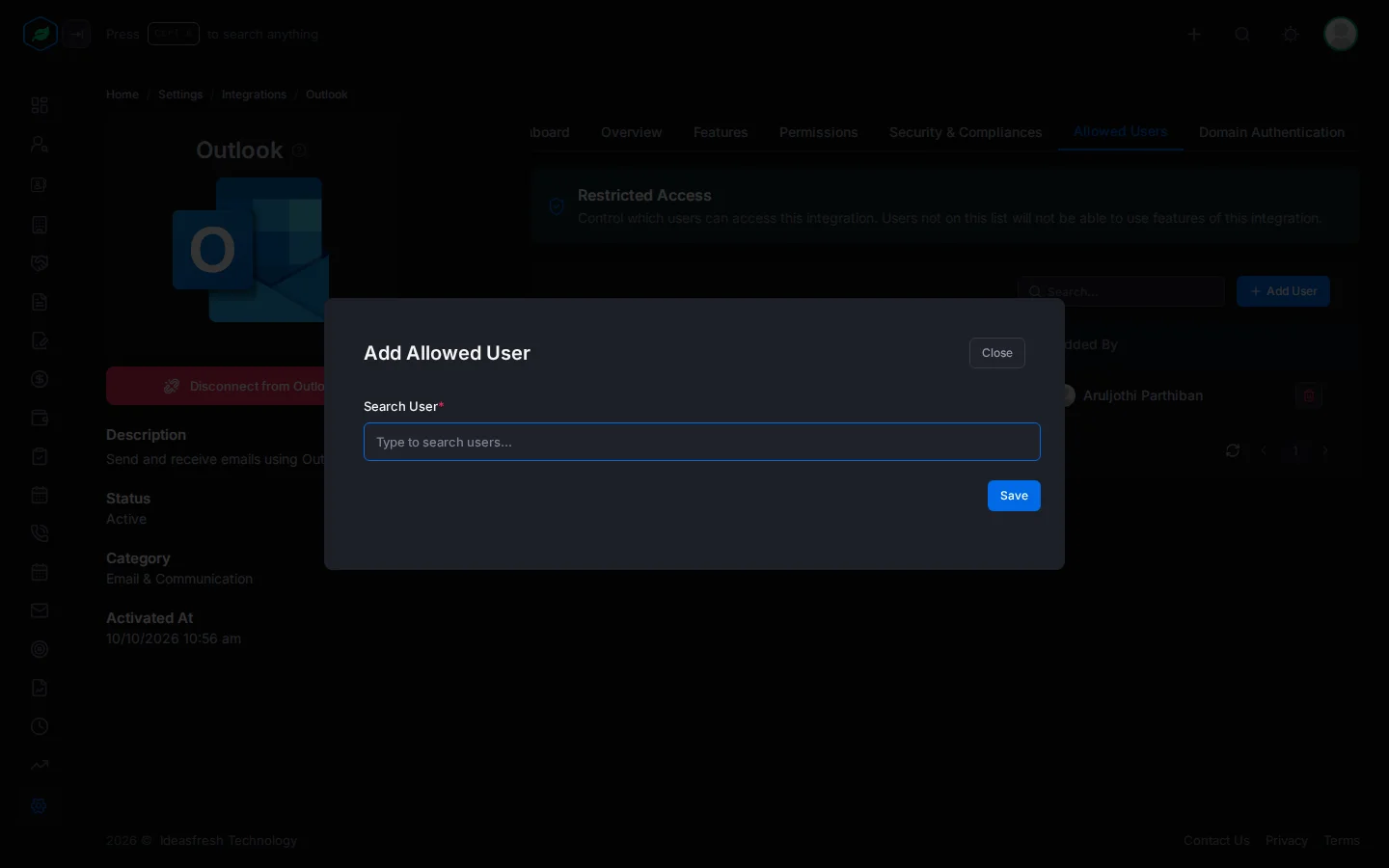 The Add Allowed User window with the Search User box