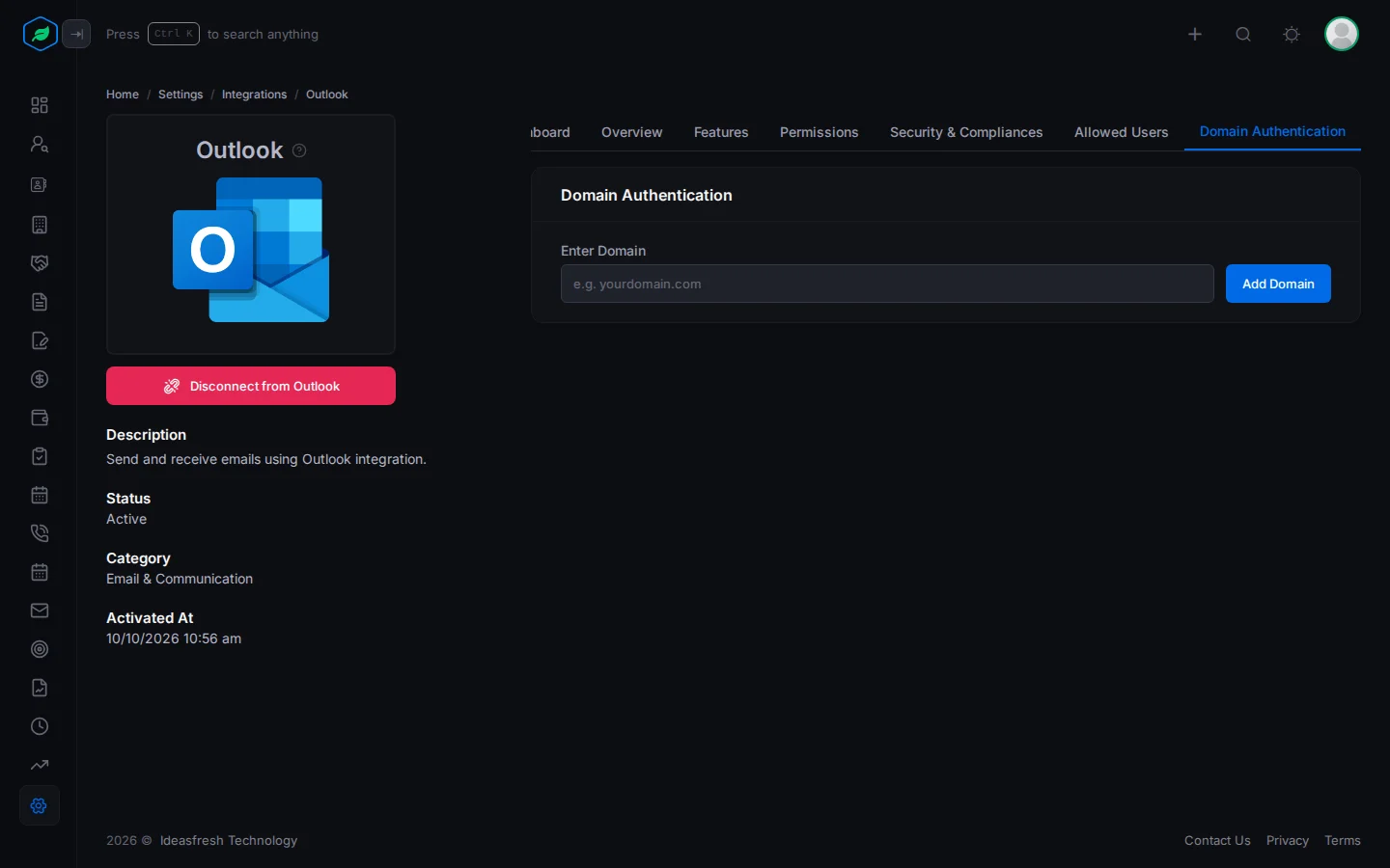 The Domain Authentication tab with the Enter Domain box and the Add Domain button