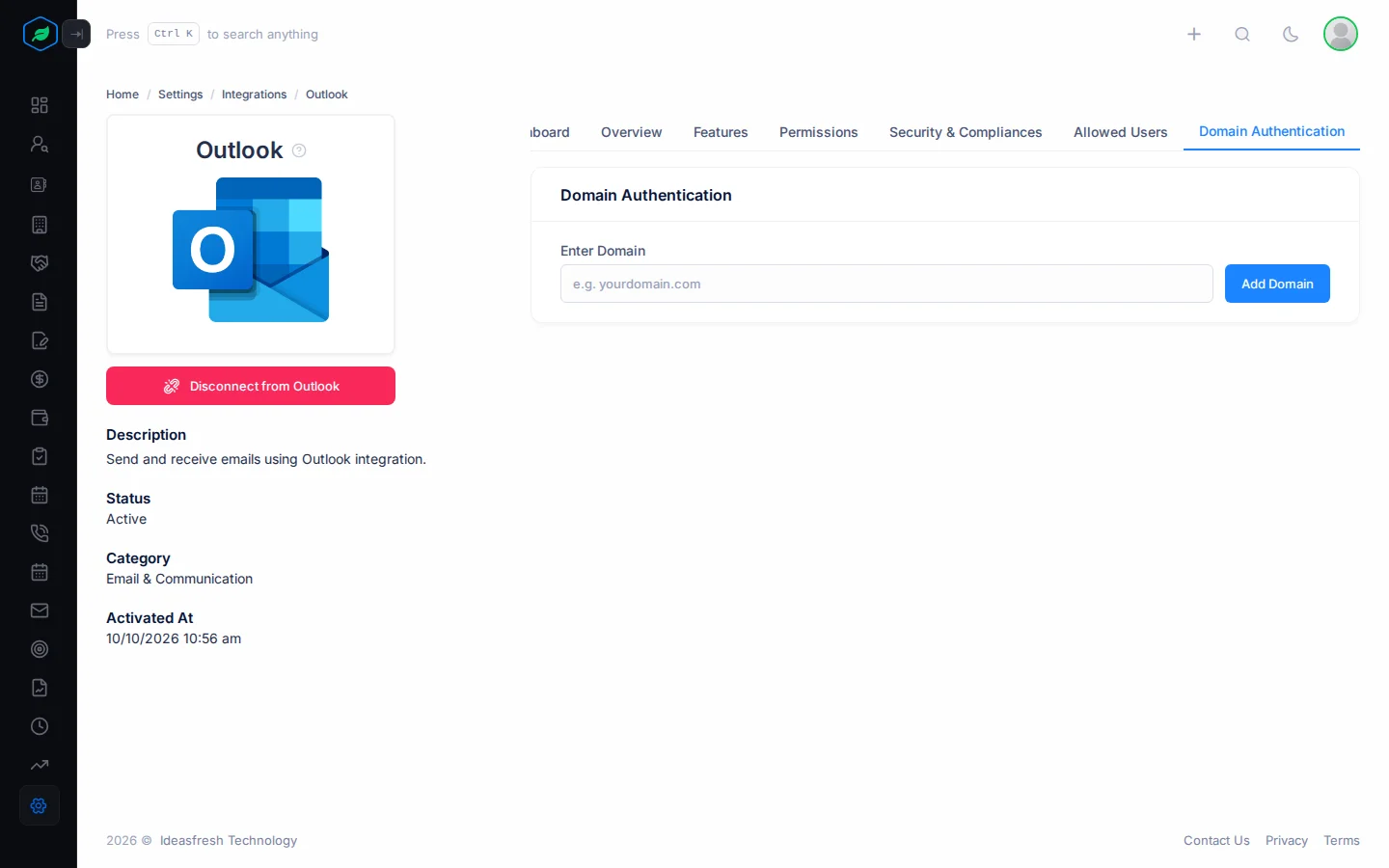 The Domain Authentication tab with the Enter Domain box and the Add Domain button