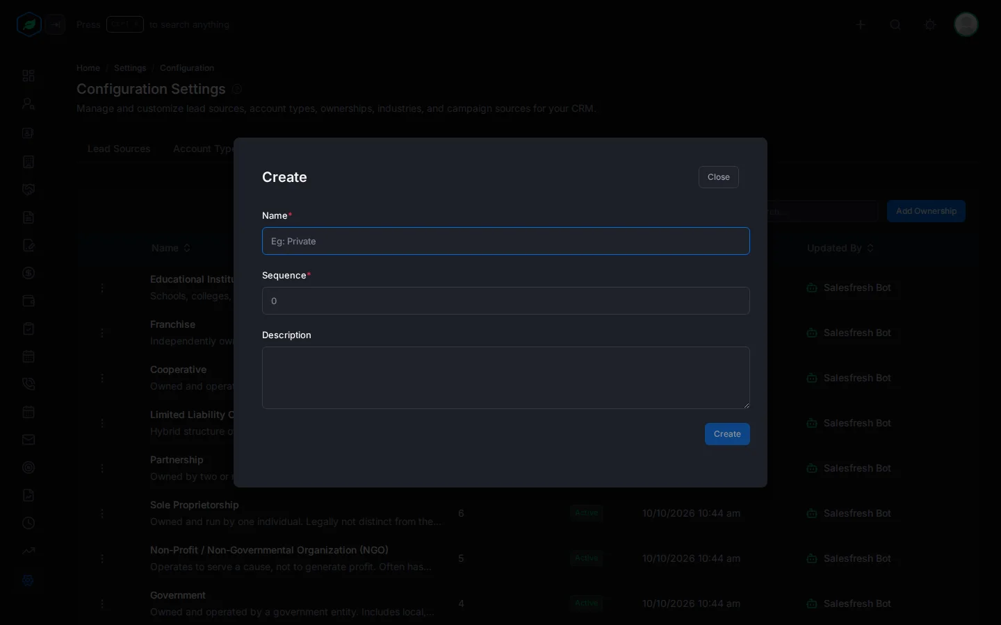 The Create window for ownerships