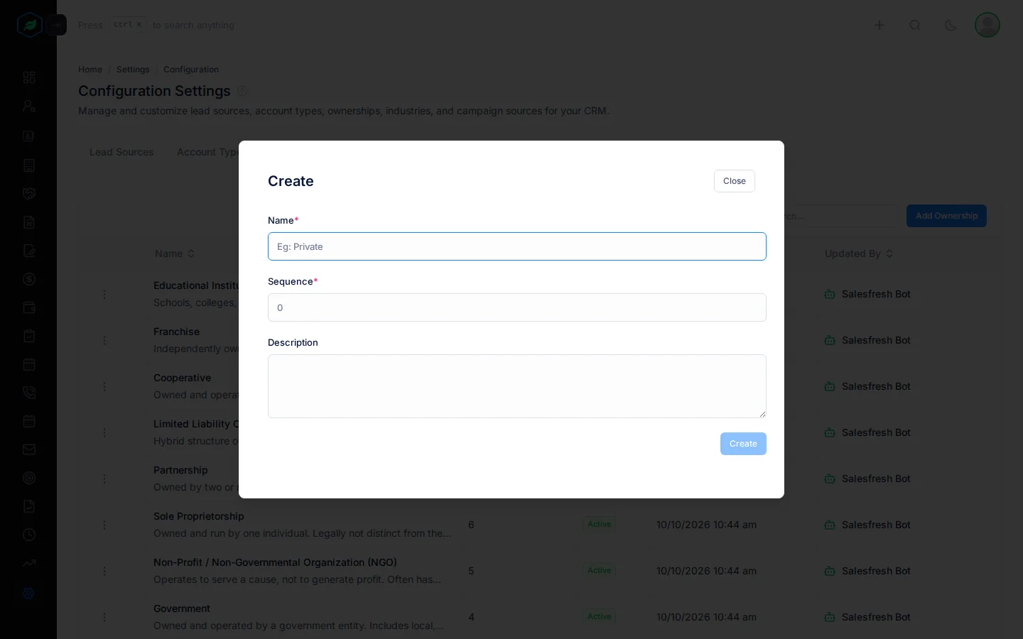 The Create window for ownerships