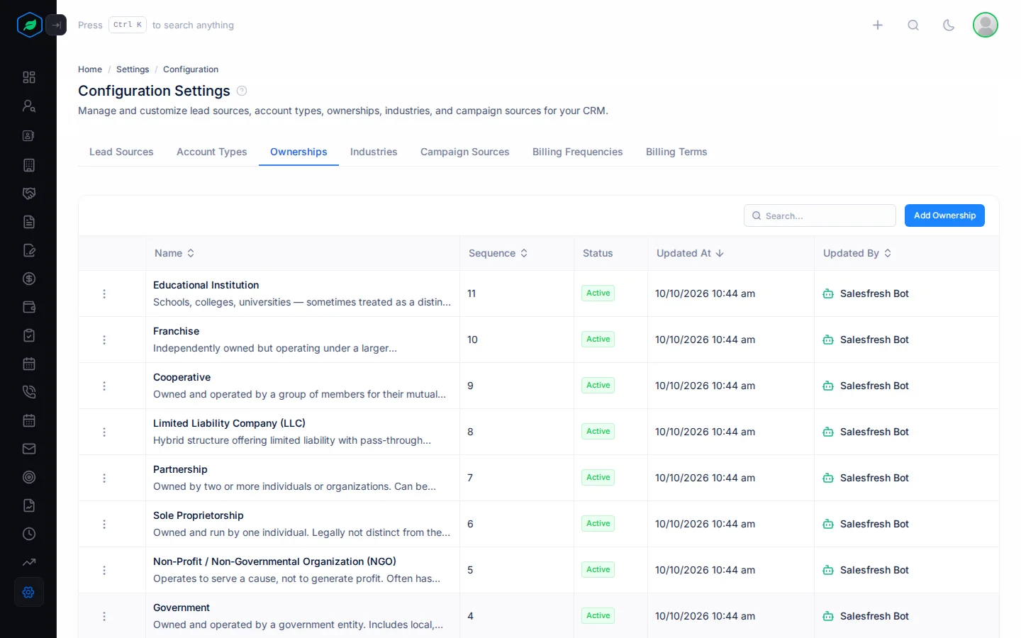The Ownerships tab with a row for each value, its sequence and status