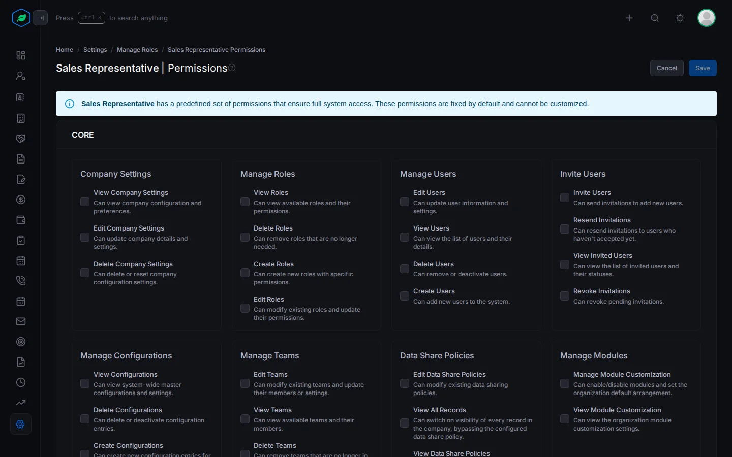 The permissions page with a box for each module and a checkbox for each permission