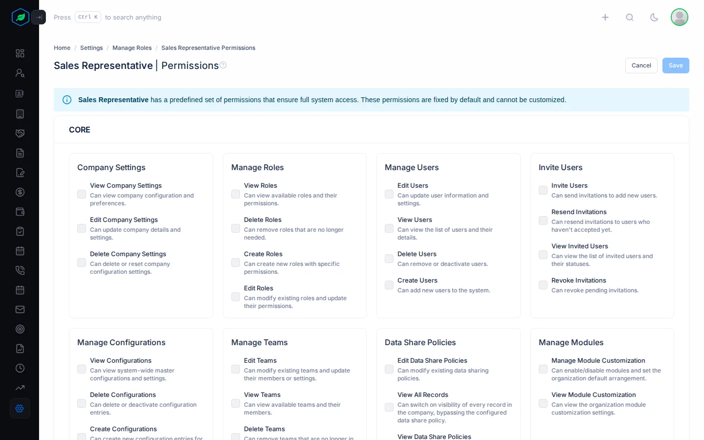 The permissions page with a box for each module and a checkbox for each permission