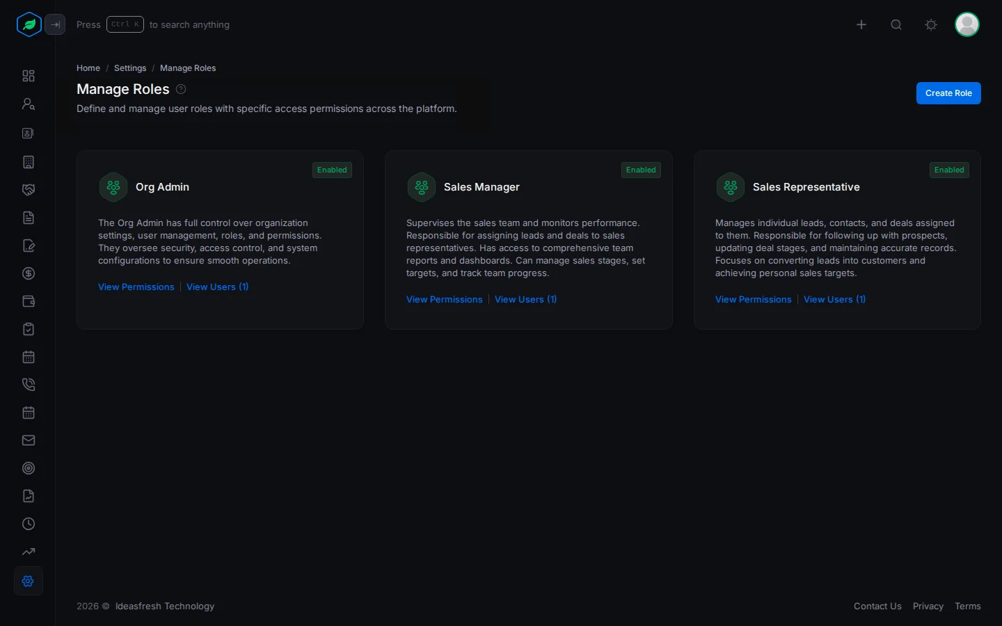 The Manage Roles page with a card for each role