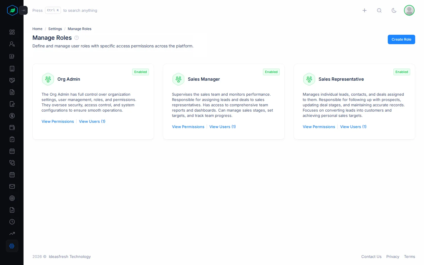The Manage Roles page with a card for each role
