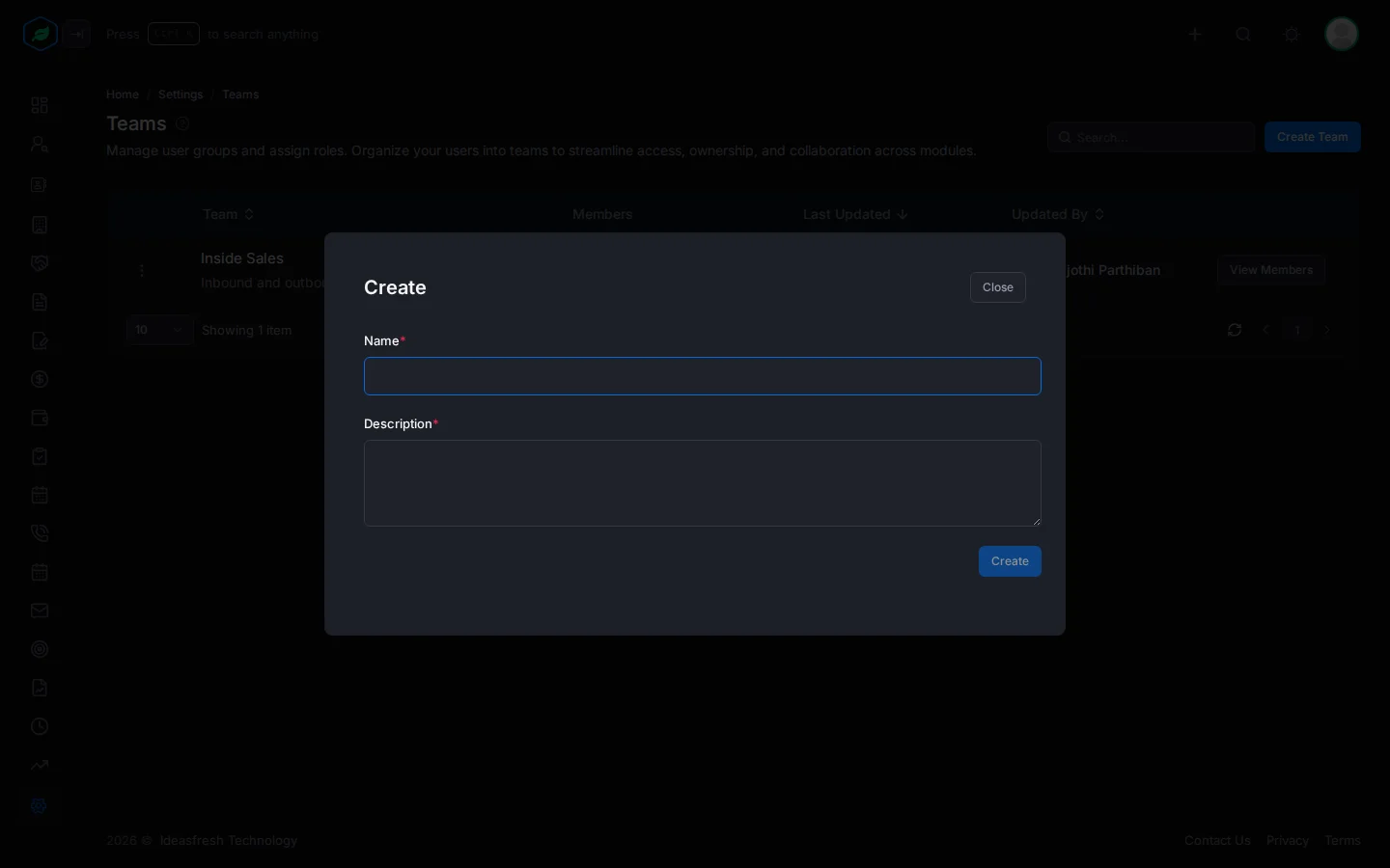 The Create window for a team with Name and Description