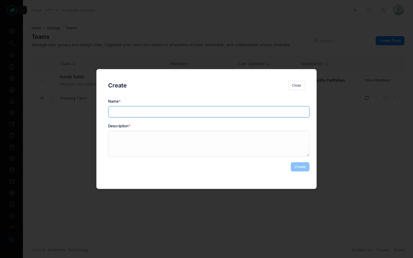 The Create window for a team with Name and Description