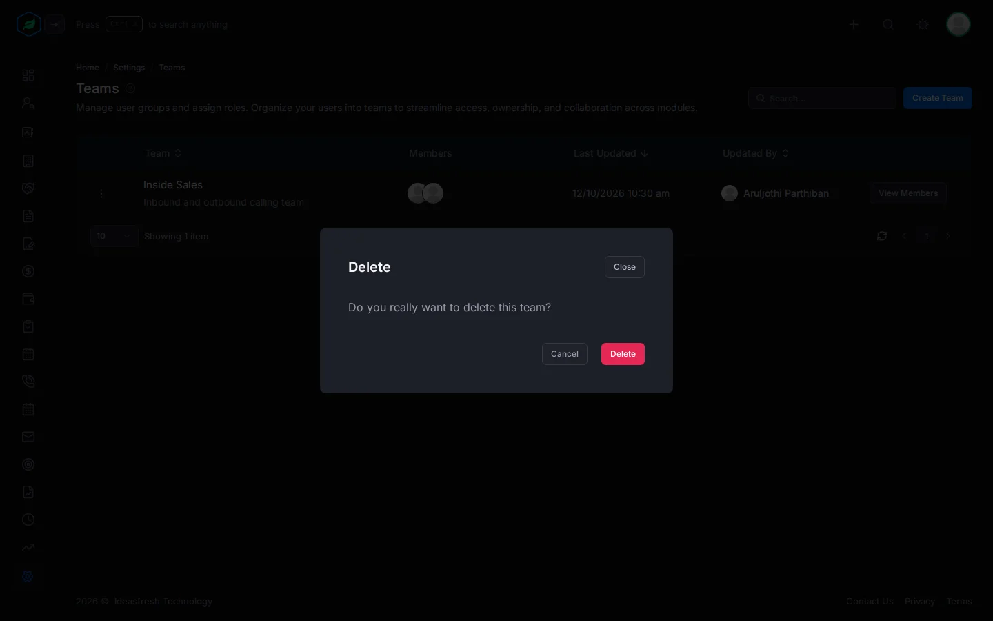 The window asking whether to delete the team, with Cancel and Delete