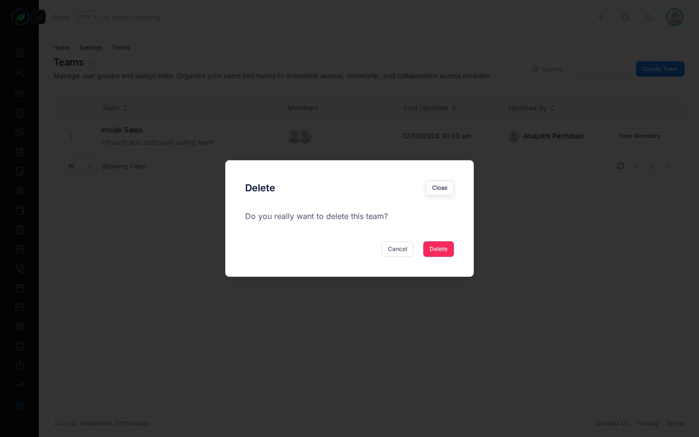 The window asking whether to delete the team, with Cancel and Delete