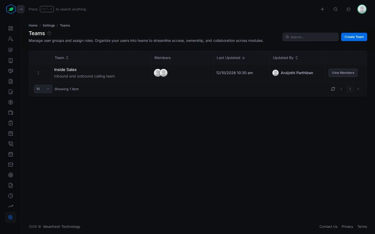 The Teams page with a row for each team and its members