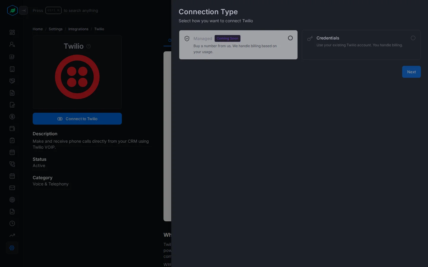The Connection Type panel with Managed, marked Coming Soon, and Credentials