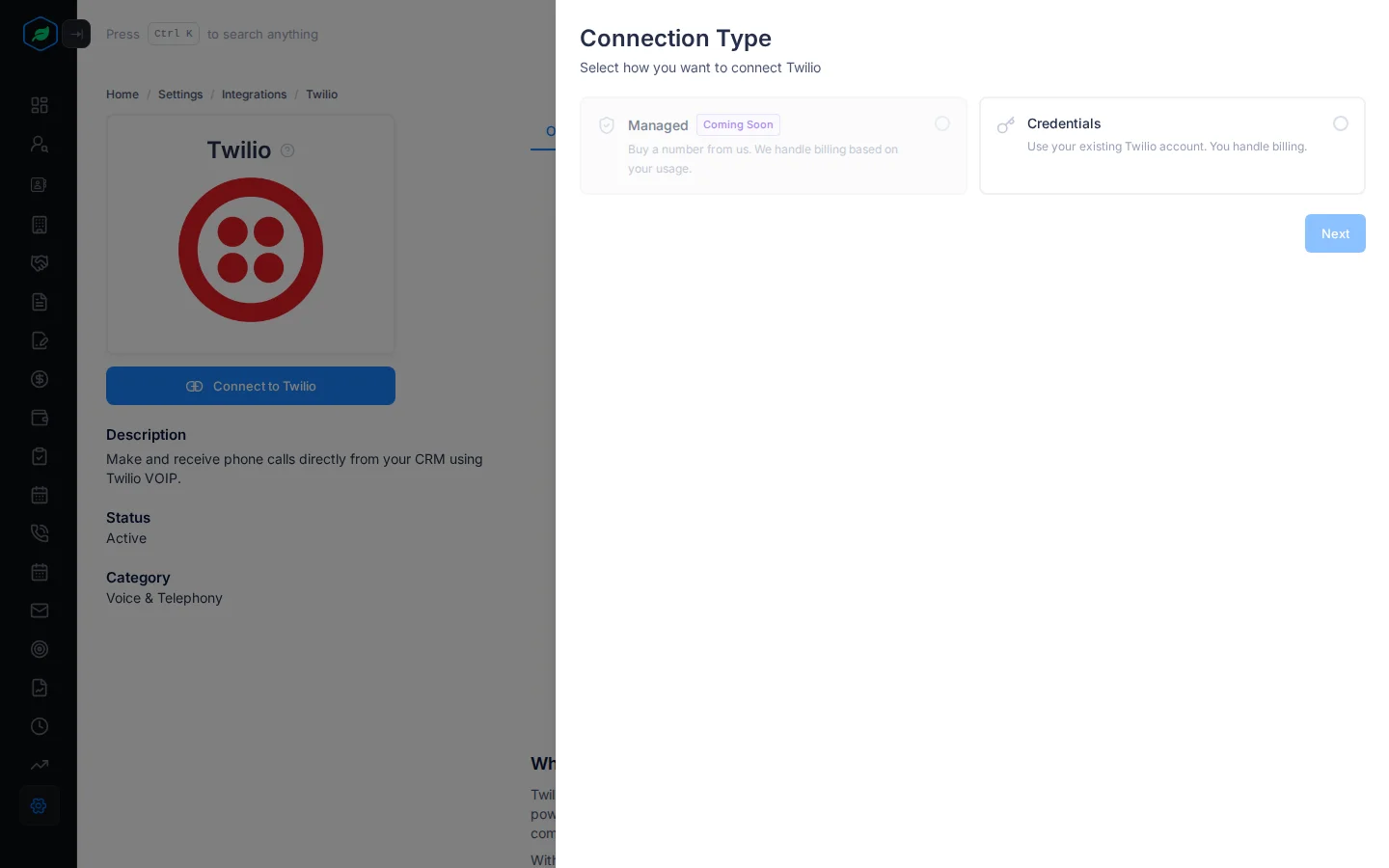 The Connection Type panel with Managed, marked Coming Soon, and Credentials