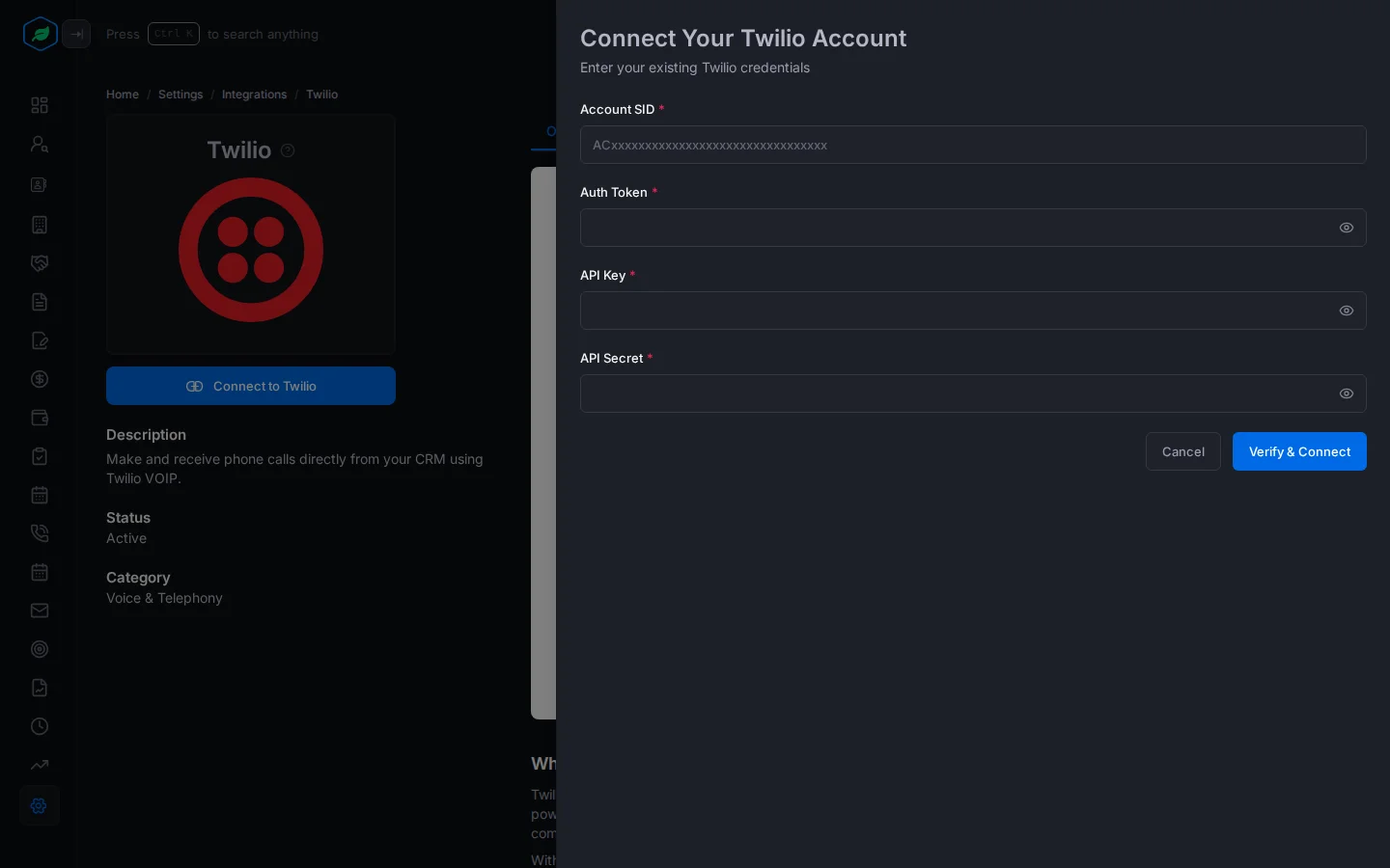 The Connect Your Twilio Account panel with Account SID, Auth Token, API Key and API Secret