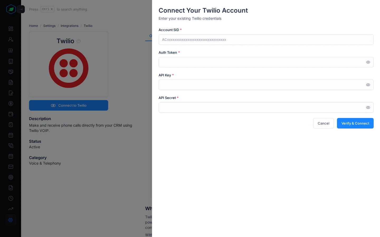 The Connect Your Twilio Account panel with Account SID, Auth Token, API Key and API Secret