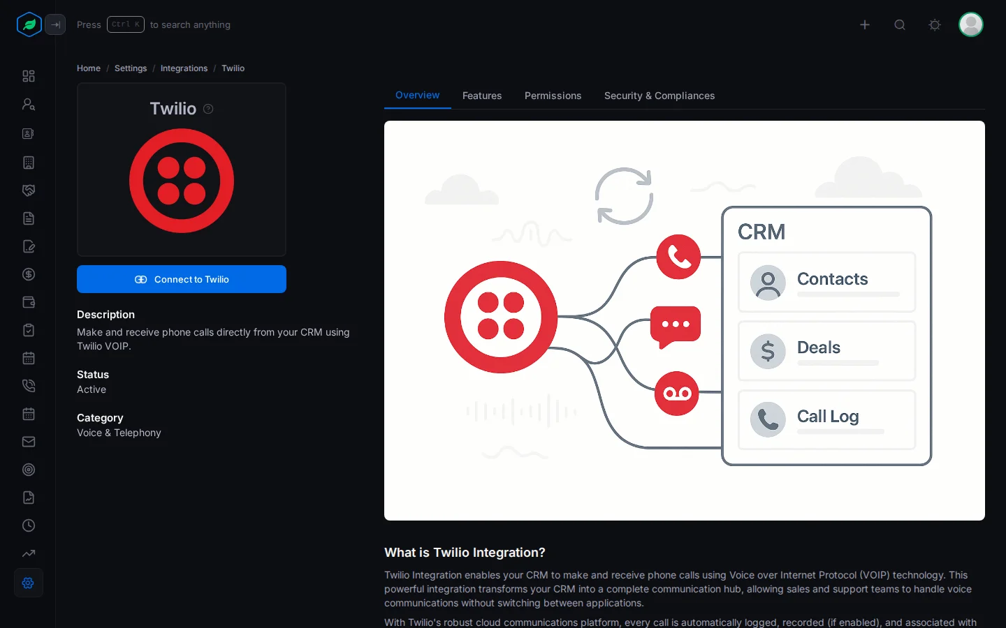 The Twilio page with Connect to Twilio and the Overview tab