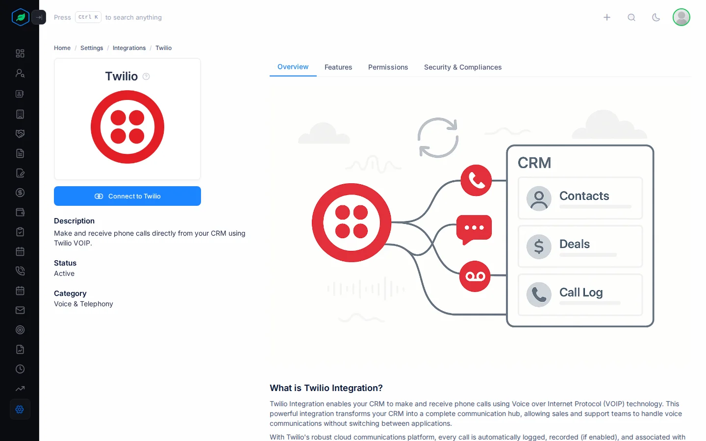 The Twilio page with Connect to Twilio and the Overview tab