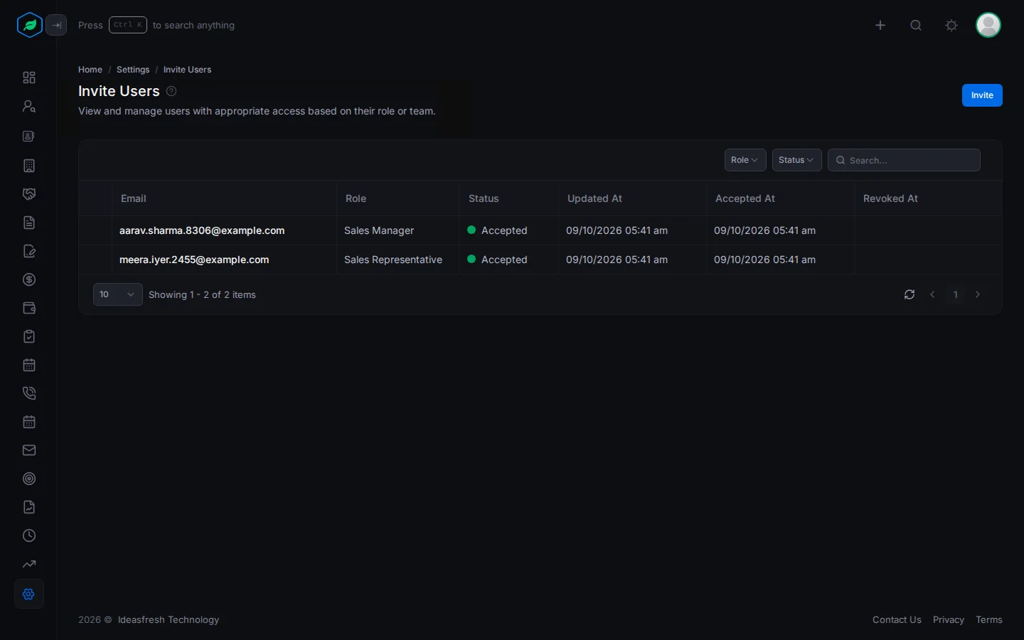 The Invite Users page with each invite's email, role and status
