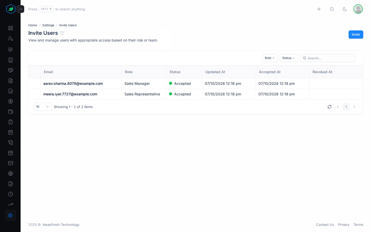 The Invite Users page with each invite's email, role and status