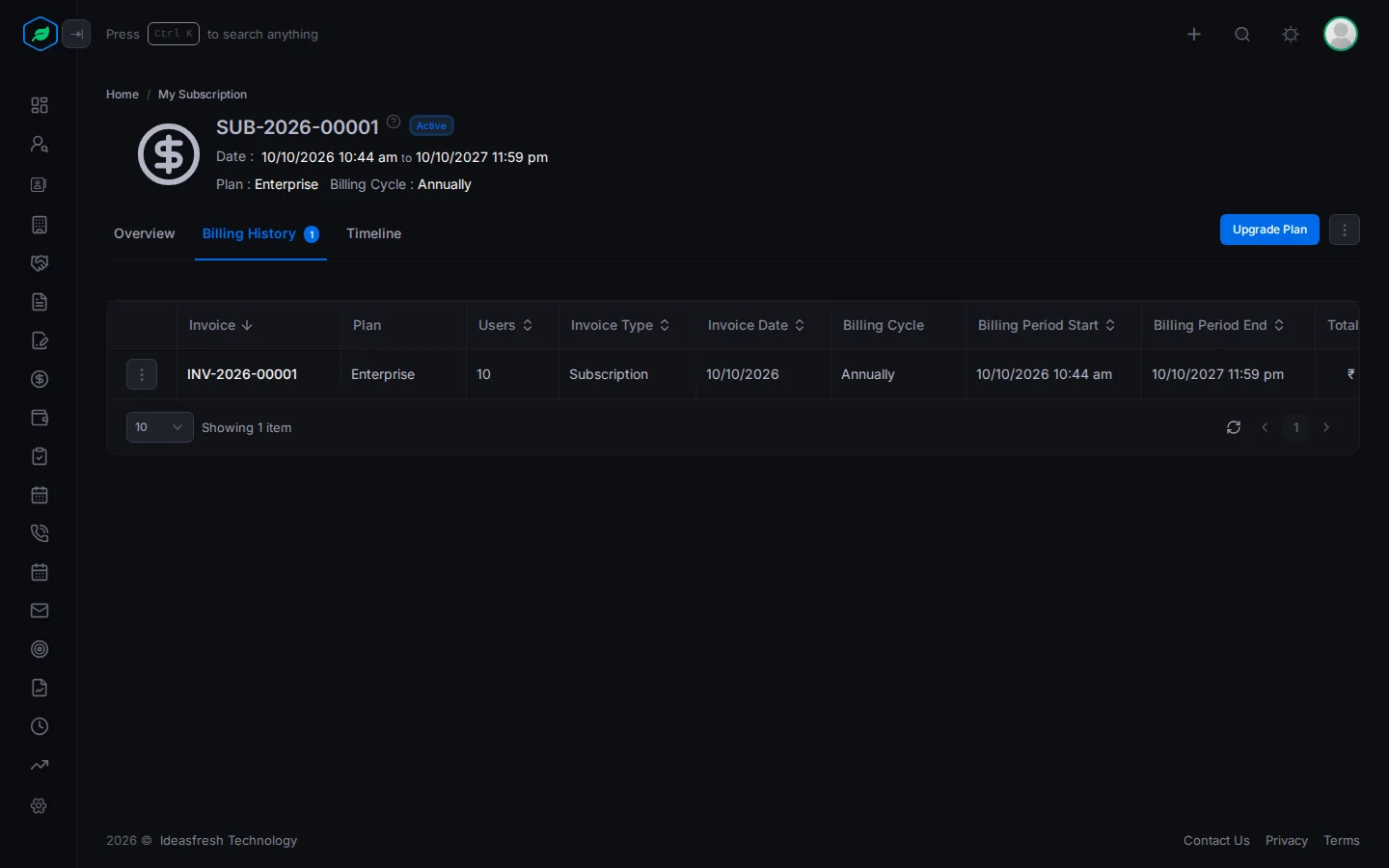 The Billing History tab with an invoice row