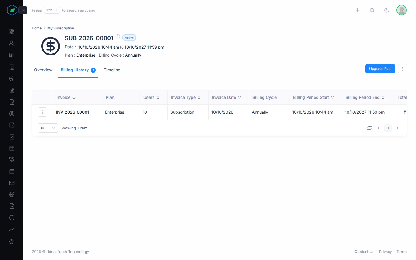 The Billing History tab with an invoice row