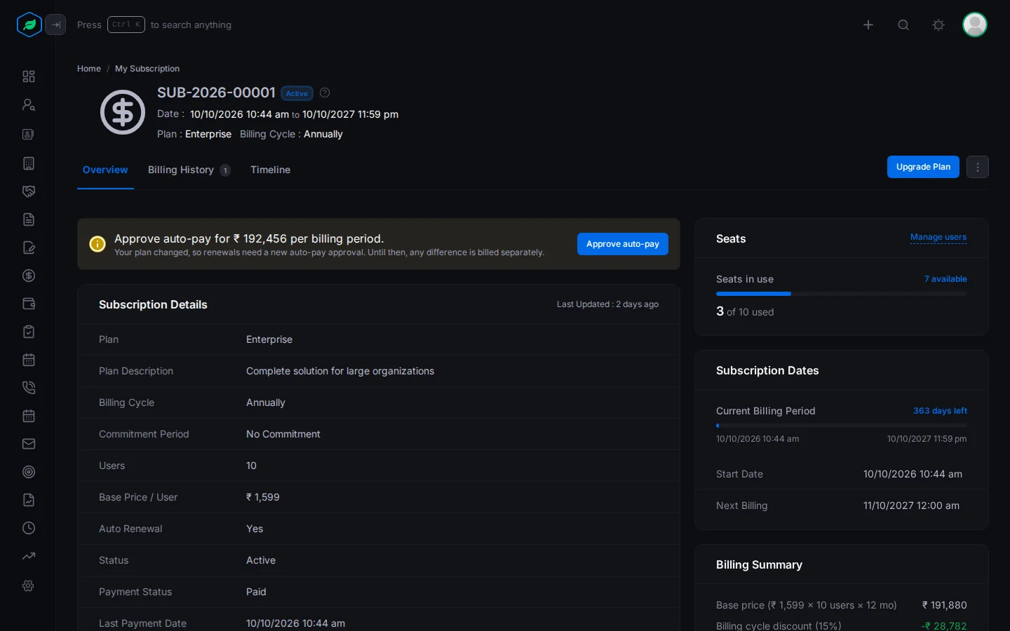The My Subscription overview with the plan details, seats, dates and billing summary