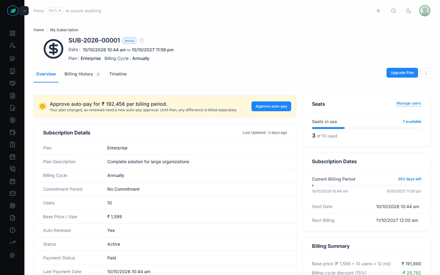 The My Subscription overview with the plan details, seats, dates and billing summary