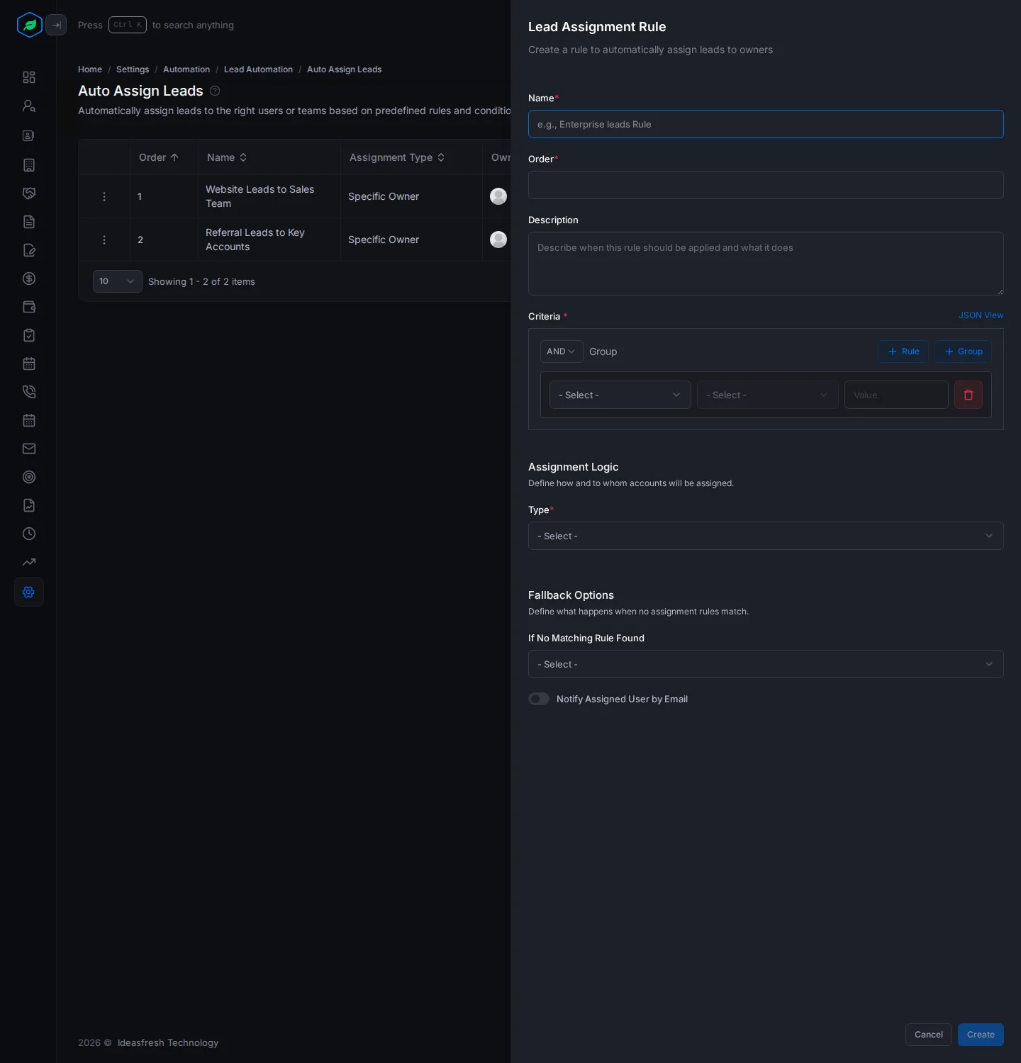 The Lead Assignment Rule panel with name, order, criteria, assignment logic and fallback options