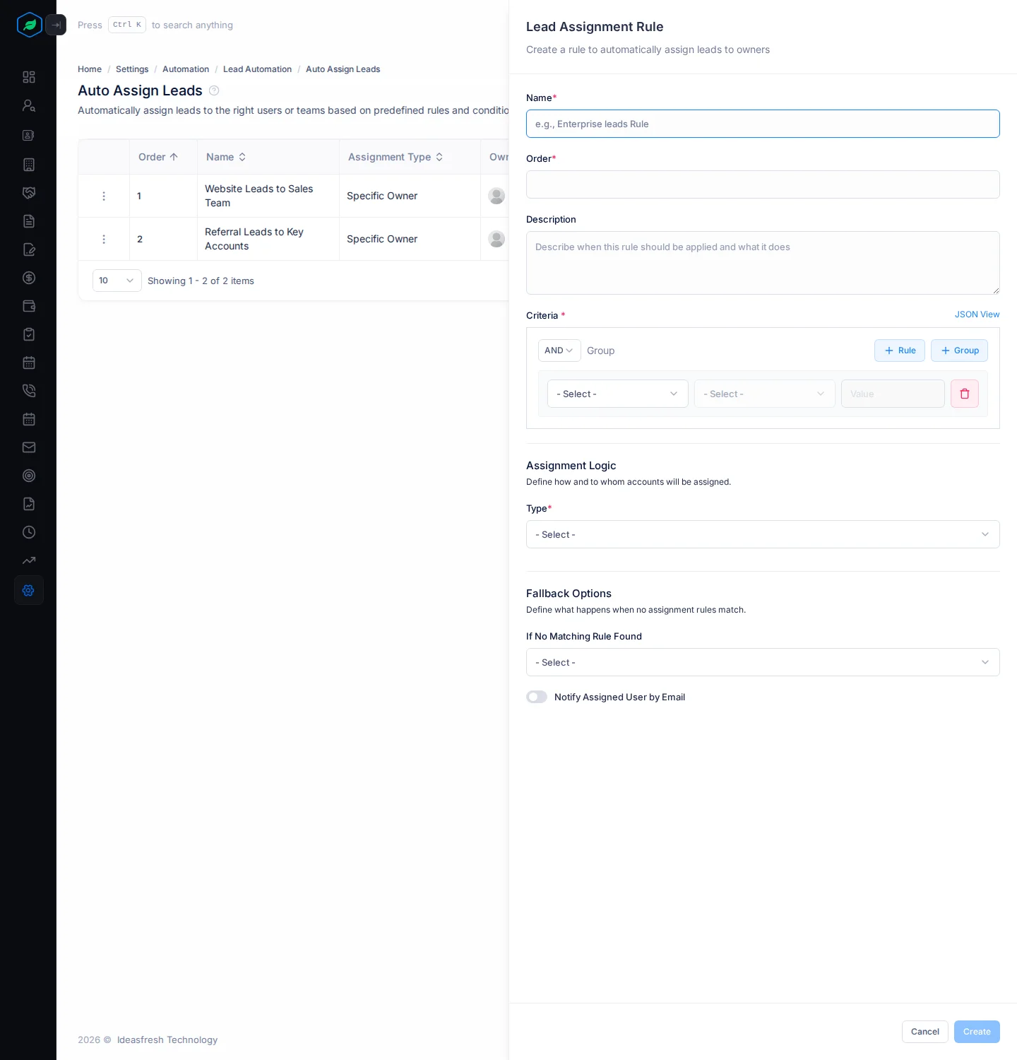 The Lead Assignment Rule panel with name, order, criteria, assignment logic and fallback options