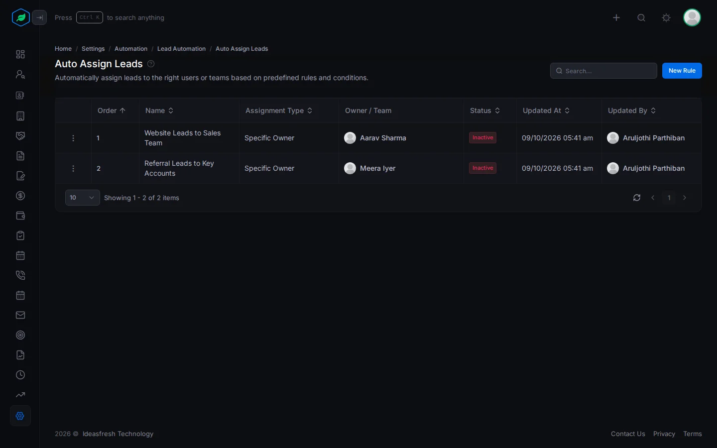 The Auto Assign Leads page with columns for order, name, assignment type, owner or team, and status