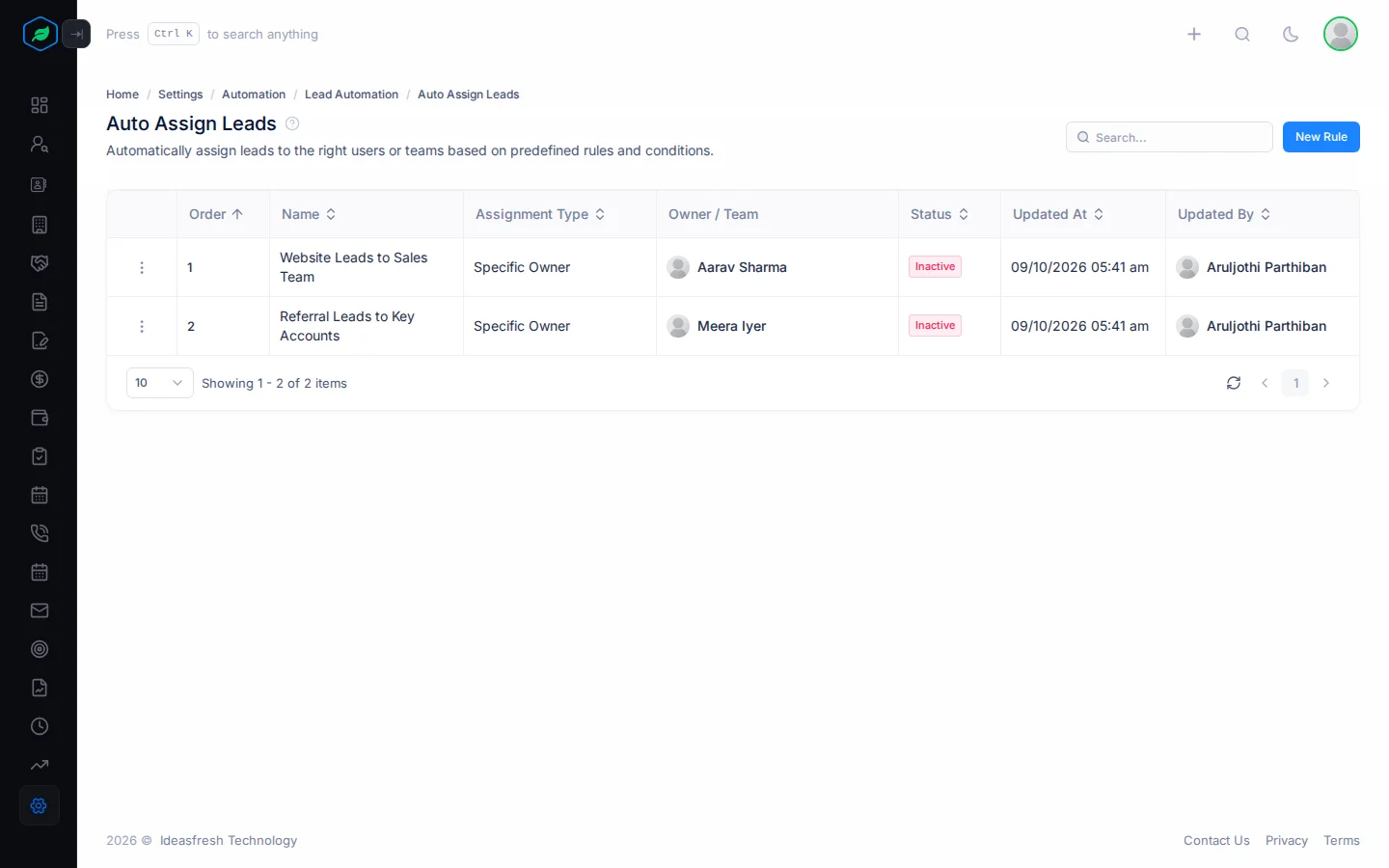 The Auto Assign Leads page with columns for order, name, assignment type, owner or team, and status