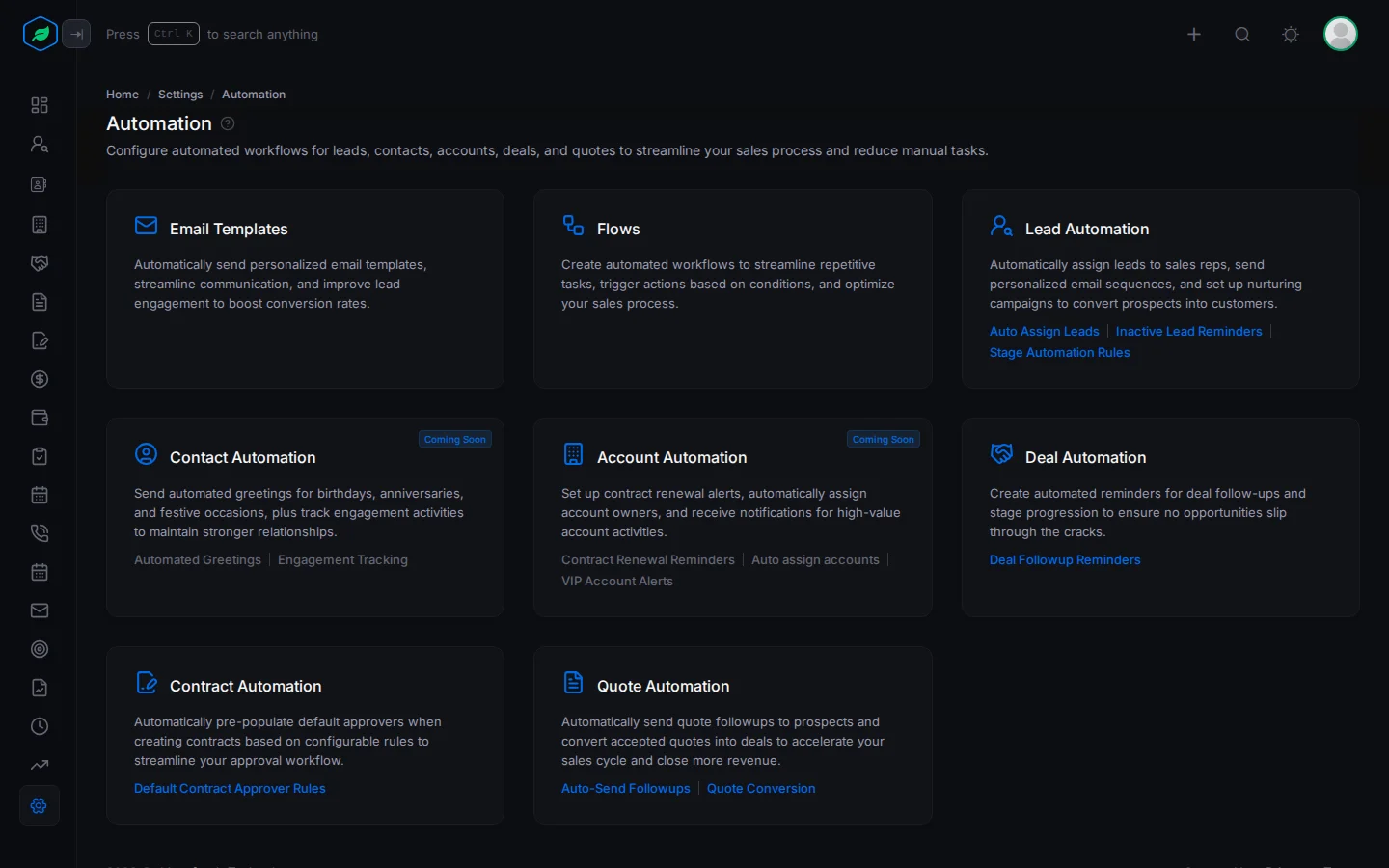 The Automation page with a card for each kind of automation