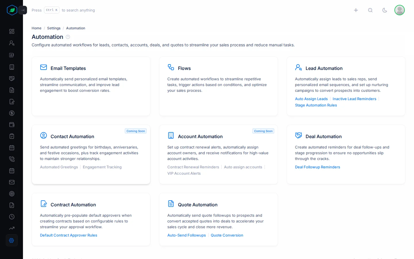 The Automation page with a card for each kind of automation