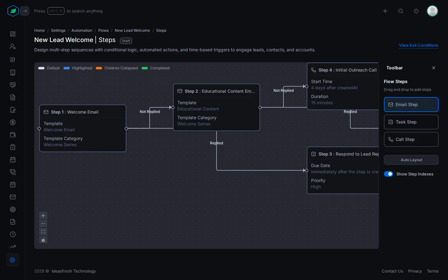 The step builder with the Toolbar and three connected steps on the page