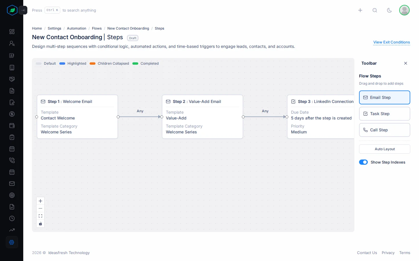 The step builder with the Toolbar and three connected steps on the page